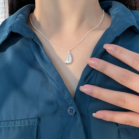Lucky Forever Engraved Bean Pendant Necklace Silver Plated Copper 925 Sterling Silver Clasp Brushed Water Drop Women Jewelry