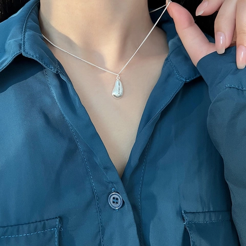 Lucky Forever Engraved Bean Pendant Necklace Silver Plated Copper 925 Sterling Silver Clasp Brushed Water Drop Women Jewelry