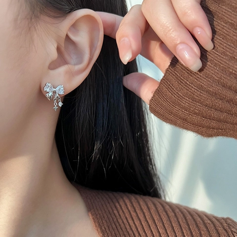 Süße Schleife Zirkon Ohrhänger Mit 925 Sterlingsilber Stift Für Damen Elegante Stern Quaste Silber Schmuck