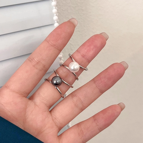 Minimalistischer Muschelperlenring Weißgold Vergoldetes Kupfer Doppelstöckiges Kreuz Verstellbarer Ring Für Damen Schmuck
