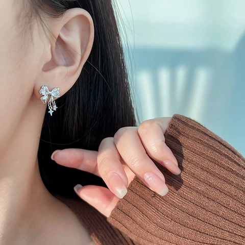 Süße Schleife Zirkon Ohrhänger Mit 925 Sterlingsilber Stift Für Damen Elegante Stern Quaste Silber Schmuck