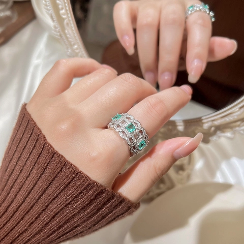 Vintage Kupfer Hohlring Für Damen Seegrün Edelstein Strass Eingelegter Offener Ring Elegante Mode Schmuck Geschenk