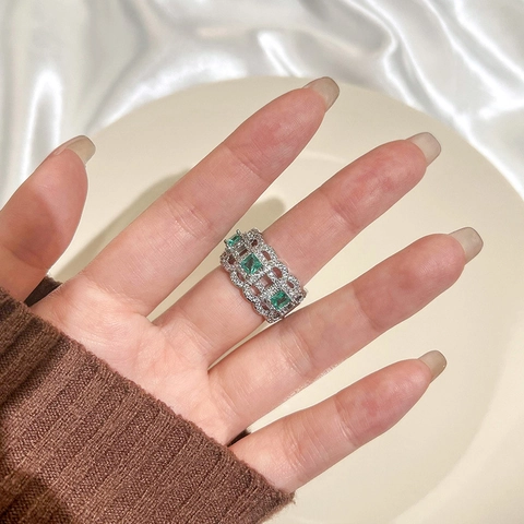 Vintage Kupfer Hohlring Für Damen Seegrün Edelstein Strass Eingelegter Offener Ring Elegante Mode Schmuck Geschenk