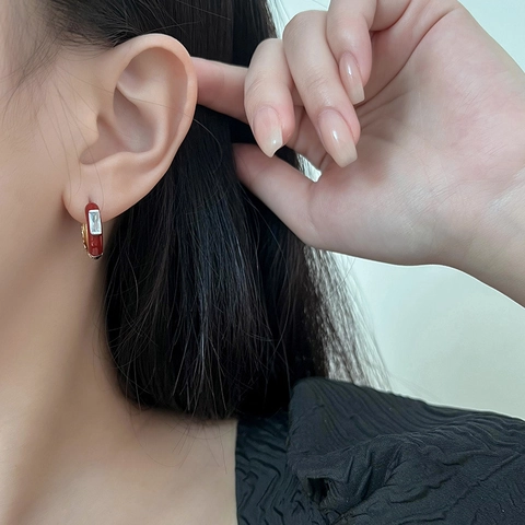 French Vintage Copper Red Enamel Zirconia Hoop Earrings For Women Luxury Geometric Gold Silver Plated Drip Oil Stud Earrings