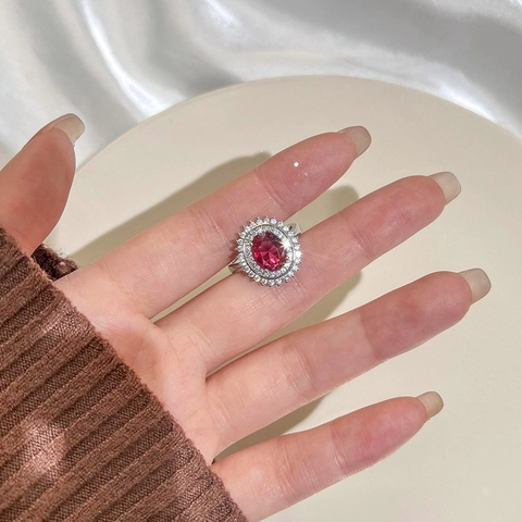 Anello di Girasole in Strass Rosso Rame di Lusso Vintage per Donna Anello con Dito Aperto Regolabile in Gemma Rossa Ovale