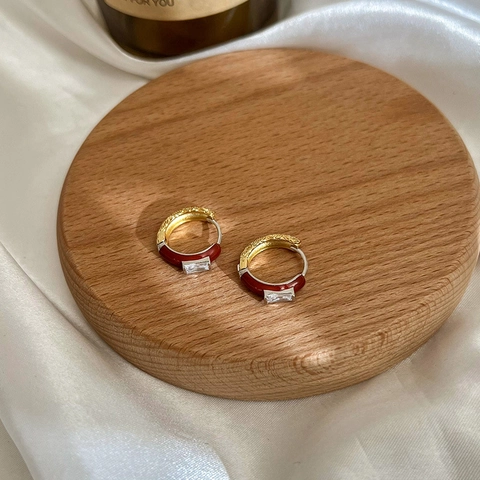 French Vintage Copper Red Enamel Zirconia Hoop Earrings For Women Luxury Geometric Gold Silver Plated Drip Oil Stud Earrings