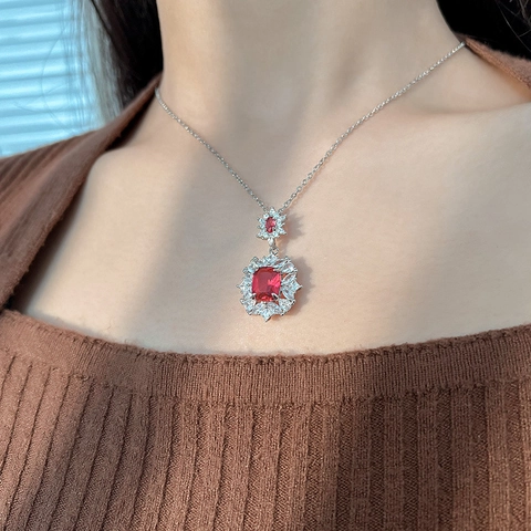 Vintage Copper Red Ruby-Tone Rhinestone Pendant Necklace And Open Ring Set Luxurious Geometric Jewelry For Women Jewelry Set