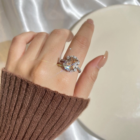 Eleganter Rechteckiger Champagner Zirkonia Kupfer Ring Für Damen Vintage Halo Verstellbarer Offener Ring Mode Schmuck Geschenk