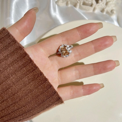 Eleganter Rechteckiger Champagner Zirkonia Kupfer Ring Für Damen Vintage Halo Verstellbarer Offener Ring Mode Schmuck Geschenk