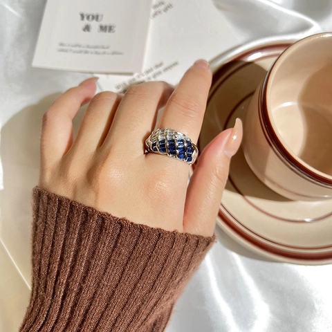 Elegante Koperen Blauw Witte Strass Ring Geometrische Vierkante Slijpvorm Verstelbare Ring Mode Sieraden Vrouwen