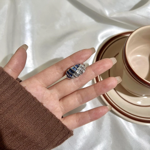 Elegante Koperen Blauw Witte Strass Ring Geometrische Vierkante Slijpvorm Verstelbare Ring Mode Sieraden Vrouwen