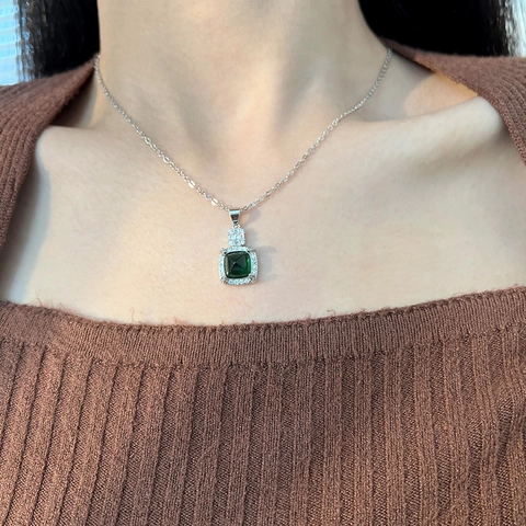 Ensemble de Bijoux Vintage en Cuivre Émeraude Vert Carré Pendentif Collier Bague Boucles d'Oreilles pour Femmes Accessoires Luxe Strass