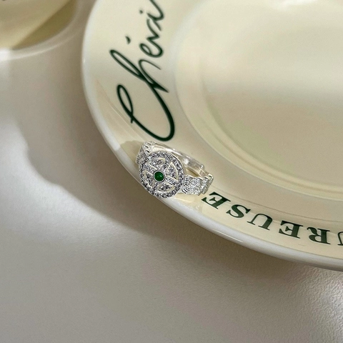 Vintage Lace Geflochtener Kupfer Ring Für Damen Versilbert Hetian Jade Grüner Stein Strass Verstellbarer Offener Ring Modeschmuck