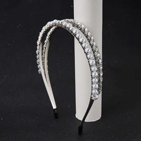Cerchietto a Doppio Strato con Strass e Perla Artificiale Elegante Accessorio per Capelli Sposa Matrimonio Donna Ornamento Lussuoso