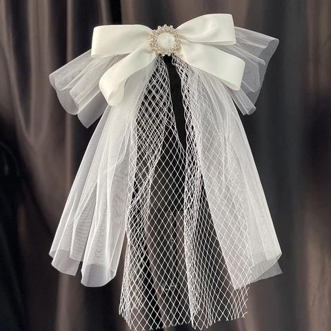 Bridal Bow Veil With Rhinestone And Artificial Pearl Decoration White Short Tulle Wedding Headpiece For Travel Photography Engagement Women Fashion Hair Accessories