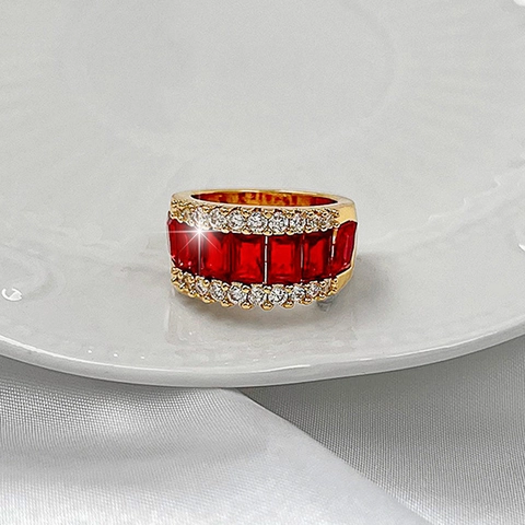 Luxus Vergoldeter Kupferring Mit Rotem Zirkonia Vintage Breitband Rechteckstein Strassringe Für Damen Hochzeit Party Schmuck