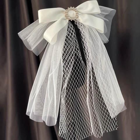 Bridal Bow Veil With Rhinestone And Artificial Pearl Decoration White Short Tulle Wedding Headpiece For Travel Photography Engagement Women Fashion Hair Accessories