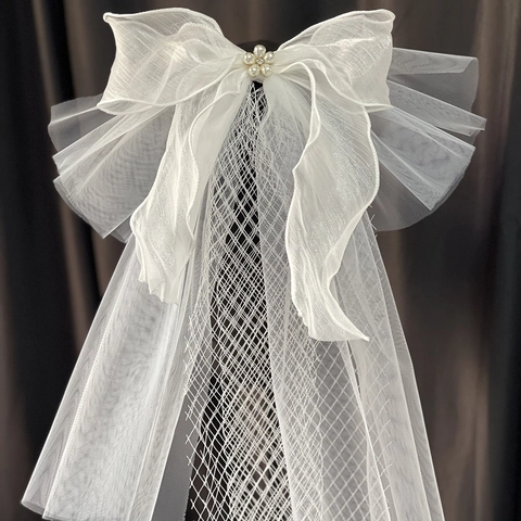 Elegant White Bridal Veil With Bow Pearl Flower Rhinestone Short Mesh Tulle Wedding Hair Accessory For Women Photography Props