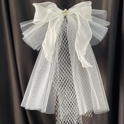 Elegant White Bridal Veil With Bow Pearl Flower Rhinestone Short Mesh Tulle Wedding Hair Accessory For Women Photography Props