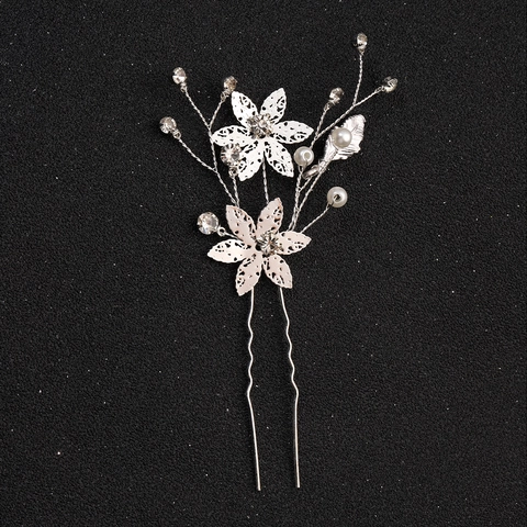 Alloy Rhinestone Artificial Pearl Flower Leaf Hair Fork U Shaped Bridal Hair Stick Elegant Wedding Banquet Party Women Accessory