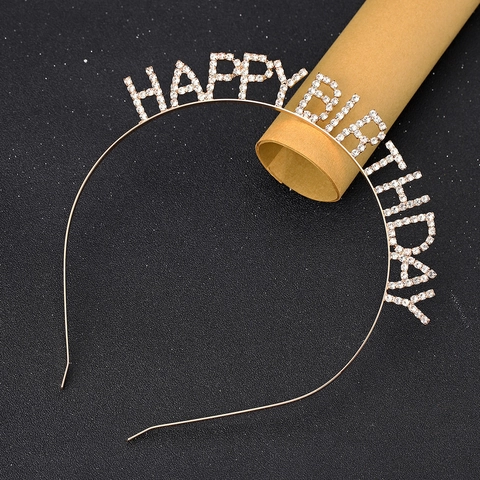 Shiny Happy Birthday Letter Rhinestone Headband Alloy Gold Silver Tiara For Women Birthday Party Celebration Hair Accessories Gift