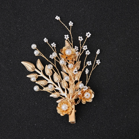 Vintage Gouden Blad Kunstparel Bloem Haarspeld Legering Bruiloft Haarnadel Elegant Zijclip Voor Vrouwen Haaraccessoires