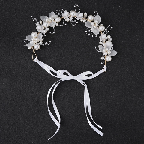 Fascia Sposa Fiori Perle Artificiali Strass Elegante Stile Foresta Cerchietto con Perline a Mano con Nastro per Matrimonio Donna