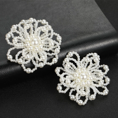 Handmade Artificial Pearl Flower Ear Clips For Women Elegant White Beaded Floral Clip-On Earrings Wedding Party Bridal Jewelry