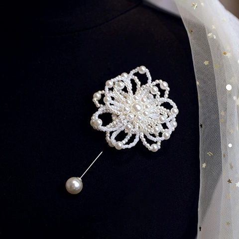 Handmade Artificial Pearl Beaded Flower Boutonniere For Wedding Groom Bride Corsage Korean Style Floral Brooch Accessory