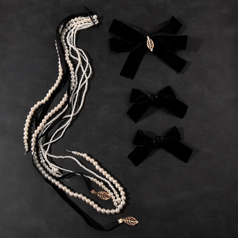 Conjunto de Accesorios para el Cabello con Lazo de Terciopelo para Novia Con Borla de Perlas Artificiales Colgante de Hoja Elegante Boda Fiesta Tocado Mujer