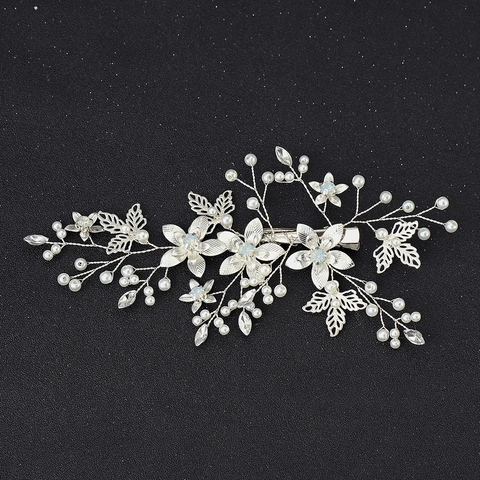 Fermaglio per Capelli da Sposa Matrimonio Lega Argento Foglia Fiore Laterale Fatto a Mano Perla Artificiale Strass Donna
