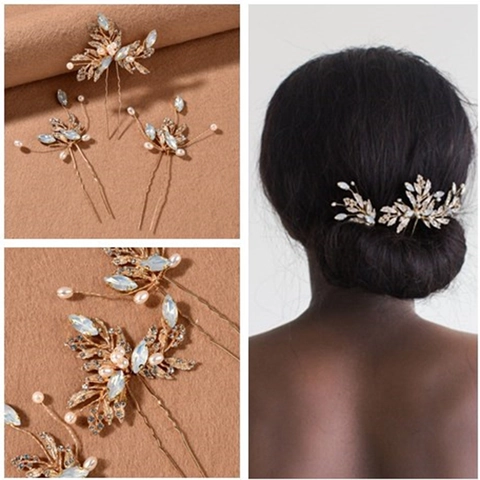 Braut Gold Legierung Blatt Haarnadeln Hochzeit Haarschmuck Mit Strass Künstliche Perle Elegante Haarstäbe Für Damen Schmuck