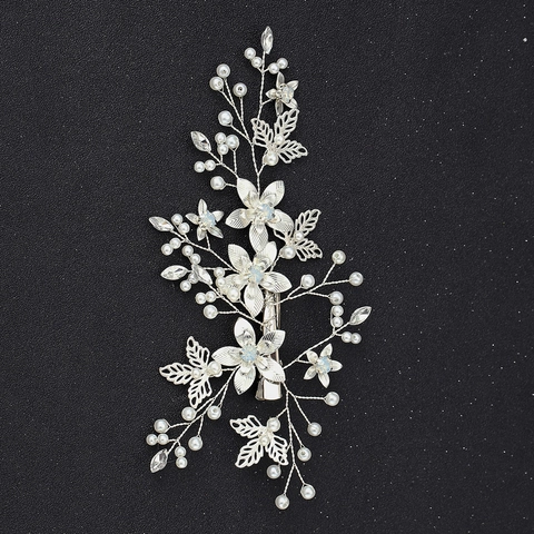Fermaglio per Capelli da Sposa Matrimonio Lega Argento Foglia Fiore Laterale Fatto a Mano Perla Artificiale Strass Donna