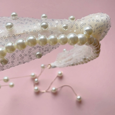 Elegant Bridal Artificial Pearl Sequin Hair Accessory Set Retro Gauze Mesh Headband Tassel Wedding Hairband For Women Brides