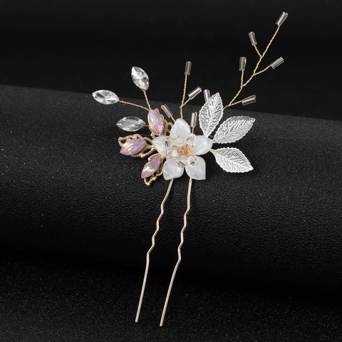 Braut Haarfalter Legierung Blatt Blume Strass Hochzeit Haarstab Blau Rosa U-Form Haarnadeln Schmuck Zubehör