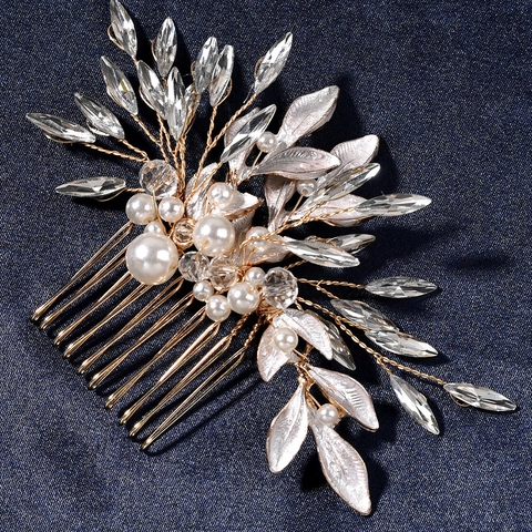 Set Accessori Capelli Sposa Lega Oro Strass Perle Artificiali Foglia Pettine E 2 Forcine Copricapo Per Donna