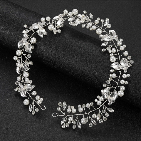 Handgefertigte Silber Legierung Braut Haar Rebe Mit Künstlicher Perle Strass Elegante Hochzeit Twist Haarkette Stirnband Damen