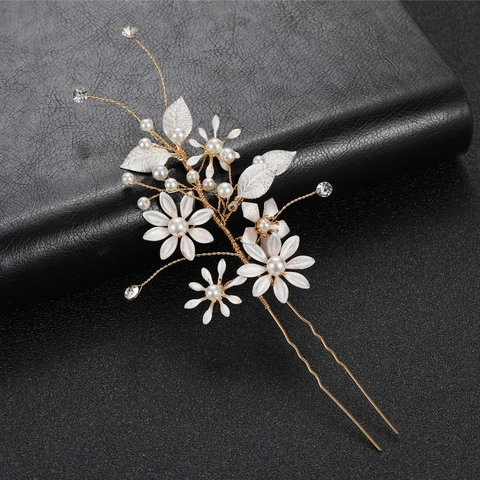Handgefertigte Gold Braut Haarnadel Mit Weißen Blumen Künstlichen Perlen Und Strasssteinen Hochzeit Haarschmuck Für Damen