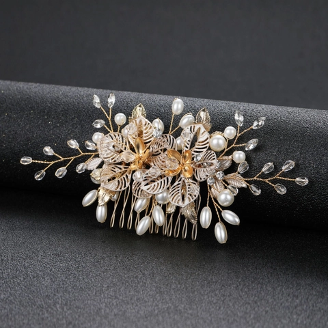 Pettine per Capelli Sposa Oro Lega Fiore Traforato Perla Artificiale Strass Elegante Fatto a Mano Gioielli Festa Donna