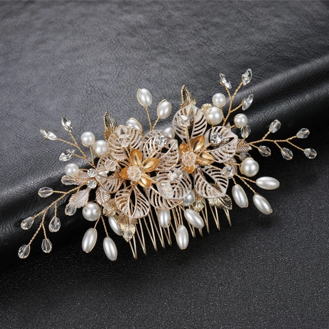 Pettine per Capelli Sposa Oro Lega Fiore Traforato Perla Artificiale Strass Elegante Fatto a Mano Gioielli Festa Donna