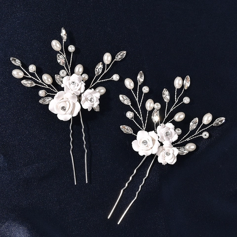 Horquilla de Pelo para Novia Hecha a Mano Flor de Arcilla Blanca Diamantes de Imitación Perla Artificial Forma de U Joyería de Pelo de Aleación para Mujer