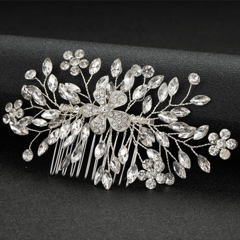 Silber Braut Haarkamm Handgewebt Legierung Blume Strass Seitenkamm Für Hochzeit Party Damen Elegant Kopfschmuck Haar Accessoires