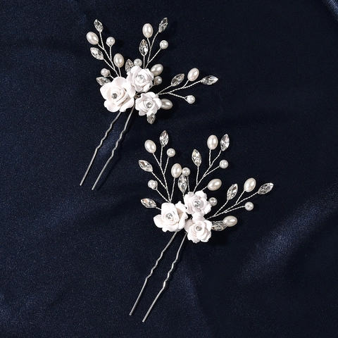 Horquilla de Pelo para Novia Hecha a Mano Flor de Arcilla Blanca Diamantes de Imitación Perla Artificial Forma de U Joyería de Pelo de Aleación para Mujer