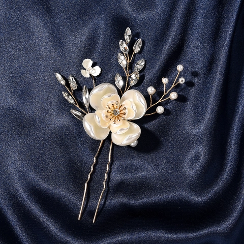 Elegante Horquilla de Flor para Novia Aleación Oro Plata Horquilla en Forma de U Con Perla Artificial Diamante de Imitación Tocado de Mujer Hecho a Mano Joyería de Boda