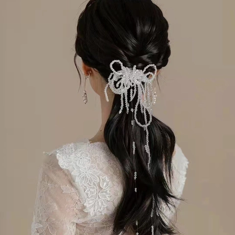 Elegant White Artificial Pearl Bow Hair Clip With Tassel Rhinestone Crystal Wedding Bridal Hair Accessory For Women