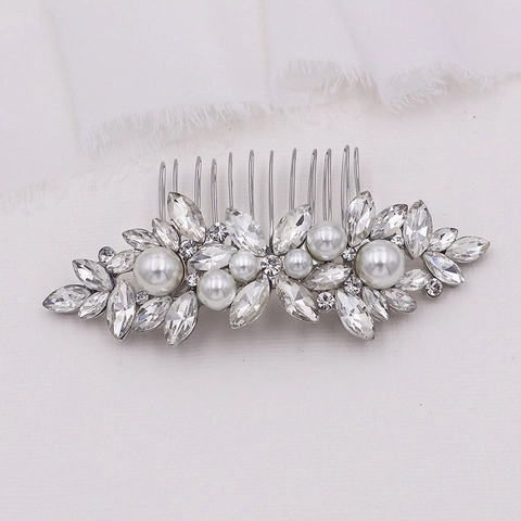 Bruidshaarkam Met Strass En Kunstparels Elegante Goud Zilver Legering Blad Bloem Haaraccessoires Voor Bruiloft Feest Vrouwen