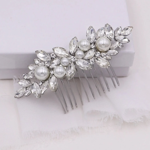 Bruidshaarkam Met Strass En Kunstparels Elegante Goud Zilver Legering Blad Bloem Haaraccessoires Voor Bruiloft Feest Vrouwen