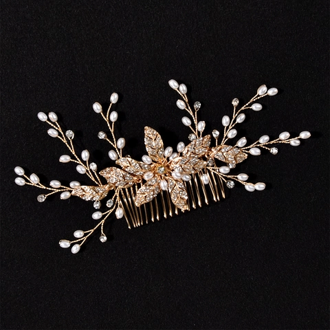 Pettine per Capelli da Sposa in Lega di Strass a Foglia Fatto a Mano Con Perla Artificiale Elegante Accessorio per Sposa Oro