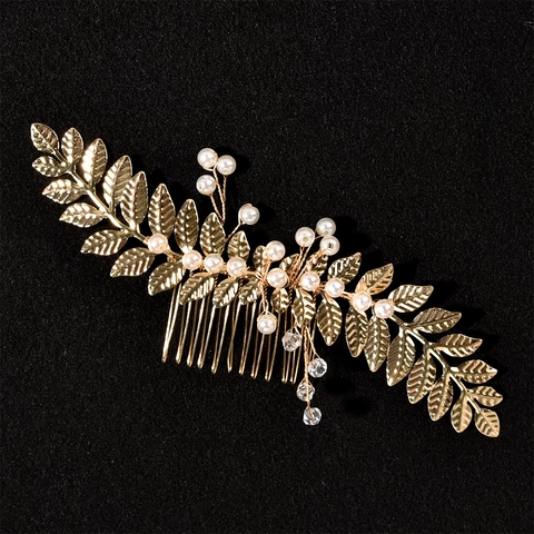 Pettine per Capelli Stile Barocco con Foglia d'Oro Lega Perla Artificial Cristallo Floreale Sposa Matrimonio Gioielli per Donna
