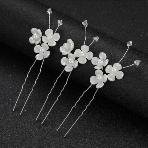 Palillos para el Pelo con Flores de Perlas Artificiales Hechos a Mano Horquillas en Forma de U Aleación Joyería Nupcial Boda Mujer